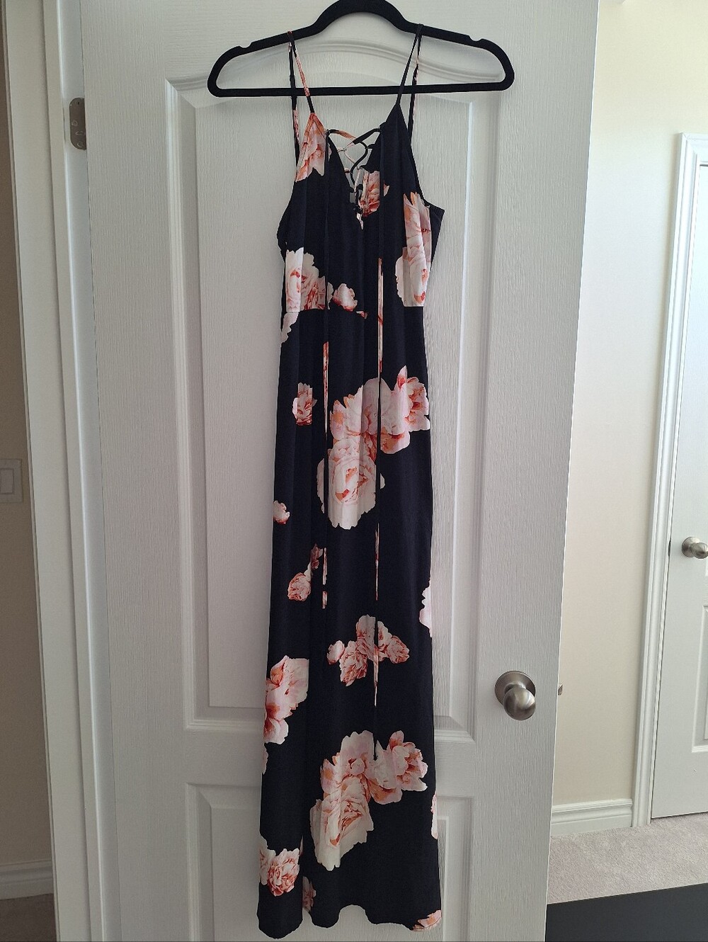 Floral Lace-Up Black Maxi Dress with Pink Blooms